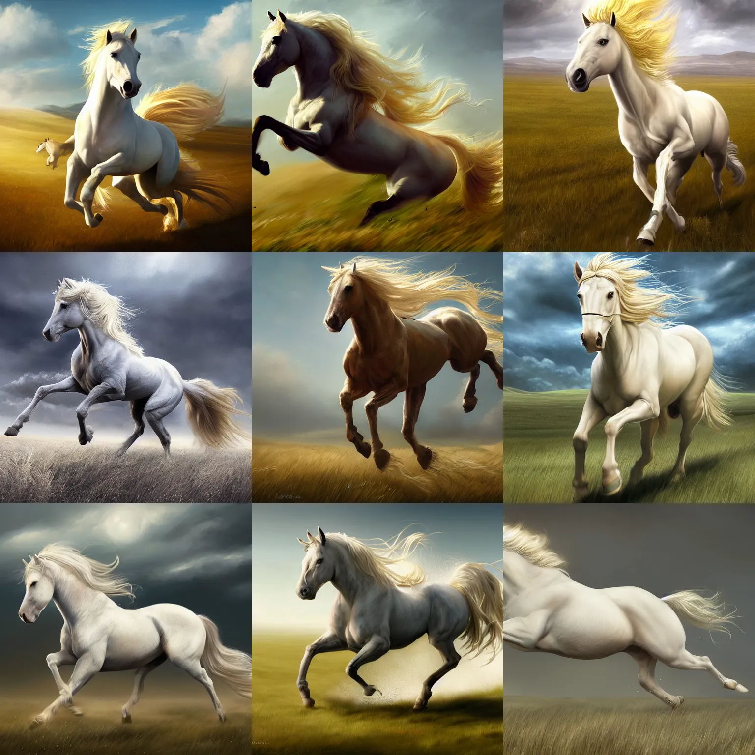 Prompt: white horse with blond mane running in field, highly detailed, digital painting, artstation, concept art, sharp focus, illustration, aleksi briclot, rutkowski