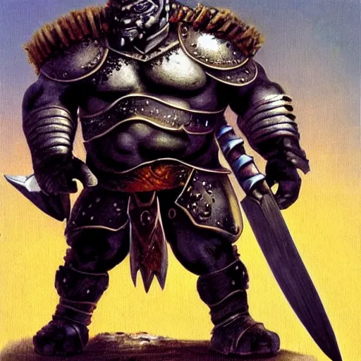 Image similar to ogre warrior wearing plated armor who is holding a battle axe in the style of warhammer fantasy : : head and torso oil painting