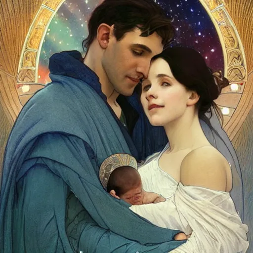 Image similar to great father of the family, his starry cloak, hugging his beautiful wife, and little glowing baby in her arms. beautiful painting by artgerm and greg rutkowski and alphonse mucha