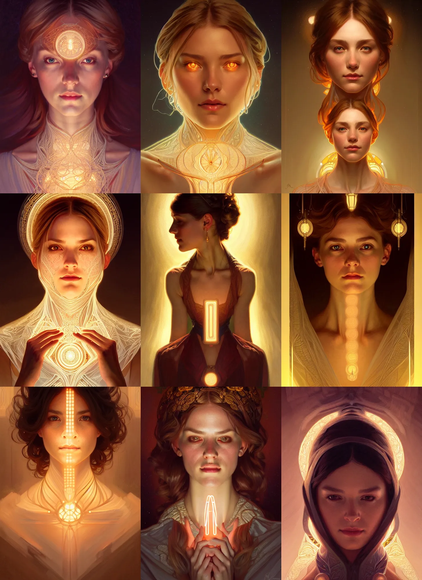 Image similar to symmetry!! portrait of a woman, cottagecore!!, glowing lights!! intricate, elegant, highly detailed, digital painting, artstation, concept art, smooth, sharp focus, illustration, art by artgerm and greg rutkowski and alphonse mucha
