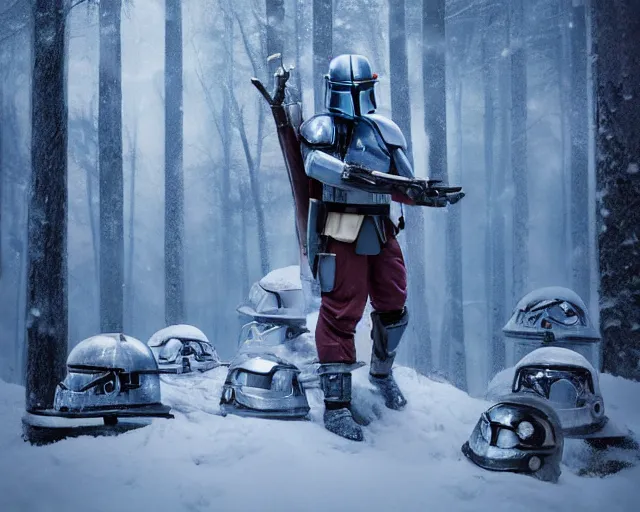 Prompt: in a snowy forest, a mandalorian jango fett, is looking at a huge pile of mandalorian helmets piled up, concept art highly detailed, great cinematic lighting, octane render, 8 k, depth of field, 3 d, art by greg rutkowski, trending on artstation, cinematographic shot