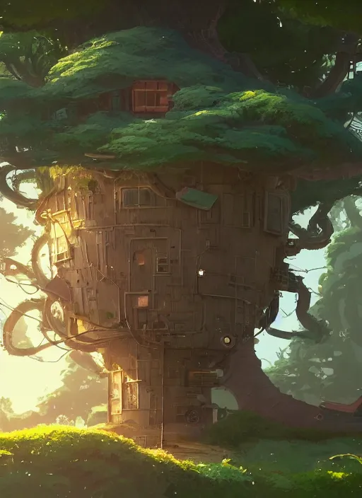 Image similar to a cute house in a giant tree, nuclear powered, detailed, futuristic, cory loftis, james gilleard, atey ghailan, makoto shinkai, goro fujita, studio ghibli, rim light, exquisite lighting, clear focus, very coherent, plain background