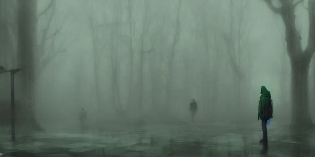 Prompt: guy wearing dark green hoodie sitting at bus stop, environment, dark tv show style, foggy, movie still, spooky, epic scene, cinematic, art by peter mohrbacher, tsutomu nihei and zdzisław beksinski, 4 k, realistic