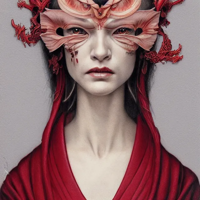 Image similar to ultra realistic illustration, beautiful woman dressed in red kimono, backview, tattoos, in the style of gerald brom by weta digital and beth cavener, high face symmetry, intricate, masterpiece, award winning, high face symmetry, intricate