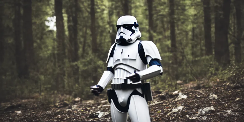 Image similar to photo of a clone trooper dancing in the wilderness, cinematic, anamorphic bokeh, 4 0 mm f / 2. 8, scenic