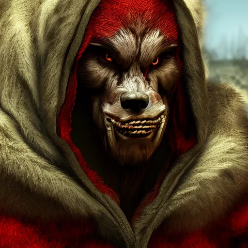 Prompt: werewolf bersus red riding hood, 3d scene, zenith view, Richard Corben, artstation, cgsociety, unreal engine, ultra realistic