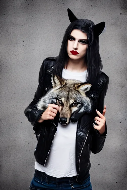 Image similar to photographic portrait of a punk girl in a leather jacket wearing a wolf's head over her face, fashion shoot, cool girl with wolf on her head