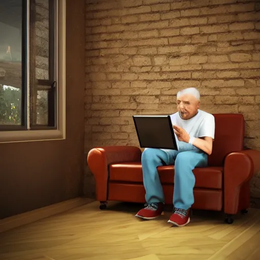 Prompt: Old man having a very intensive video game session, 3D render, high resolution