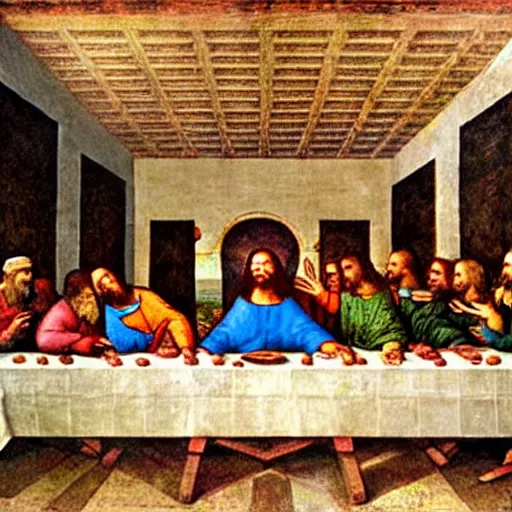 Image similar to in The Last Supper by Leonardo da Vinci, Jesus is eating a large delicious hamburger that has a beef patty, lettuce, and tomato