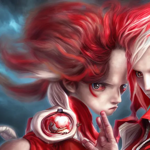 Image similar to Epic rococo painting of two young identical twins, with white skin, long white hair and red eyes. Wearing red clothes. Middle age. Shin megami tensei style, ultra-detailed. Anime, pixiv, UHD 8K CryEngine, octane render