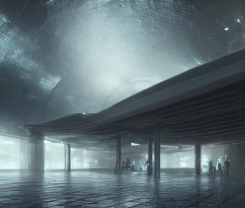 Image similar to Futuristic subway station , gloomy and foggy atmosphere, octane render, artstation trending, horror scene, highly detailded