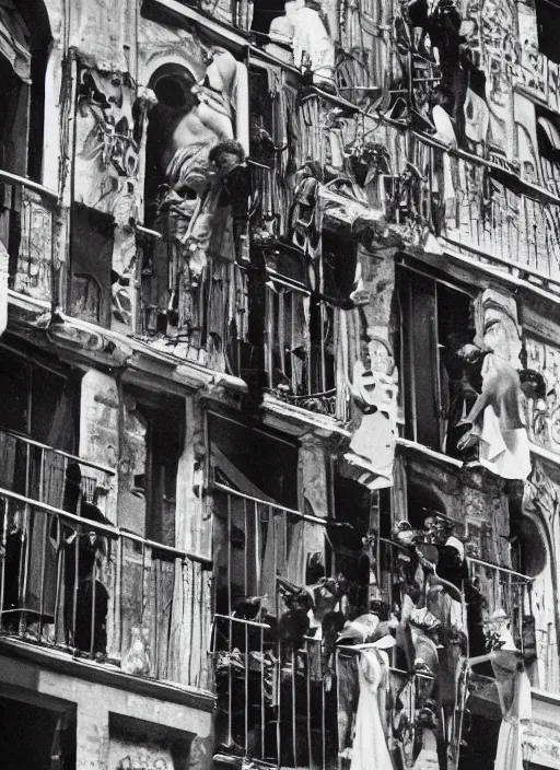 Prompt: masked crowd climbing balconies in central Rome during Carnival, coherent engraving by Hjalmar Moerner, , cinematic full shot, high res, 35mm film black and white photograph, 1812