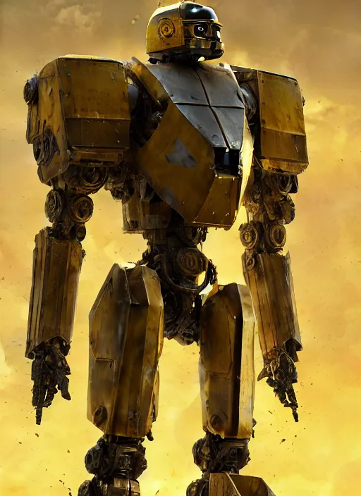 Image similar to human-sized strong intricate yellow pit droid, carrying longsword and big paladin shield, pancake flat head, exposed metal bones, painterly humanoid mecha, full body, sharp focus, cinematic, by Greg Rutkowski