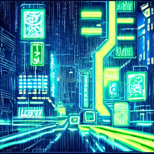 Image similar to a blue and green neon city in the style of blade runner