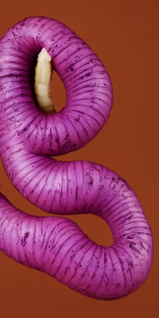 Image similar to a purple ribbed rubber worm smiling from inside a half peeled banana, studio photo, spot lighting, small depth of field, portrait