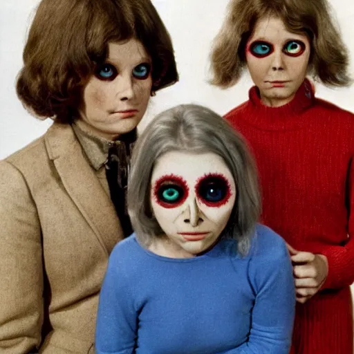 Image similar to middle-age woman enters an eyeball cult, 1977 live-action children's tv show, color