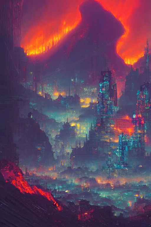 Prompt: a cyberpunk city in the crater of a volcano, lava flowing, smoke, fire, neon, industrial, by paul lehr, jesper ejsing