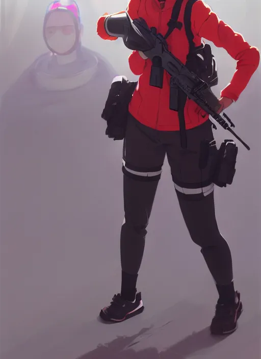 Prompt: a girl with red sports clothes, softair mask, reflective lens, softair center landscape, illustration, concept art, anime key visual, trending pixiv fanbox, by wlop and greg rutkowski and makoto shinkai and studio ghibli and kyoto animation, airsoft cqb, short hair, realistic airsoft electric pistol, realistic anatomy