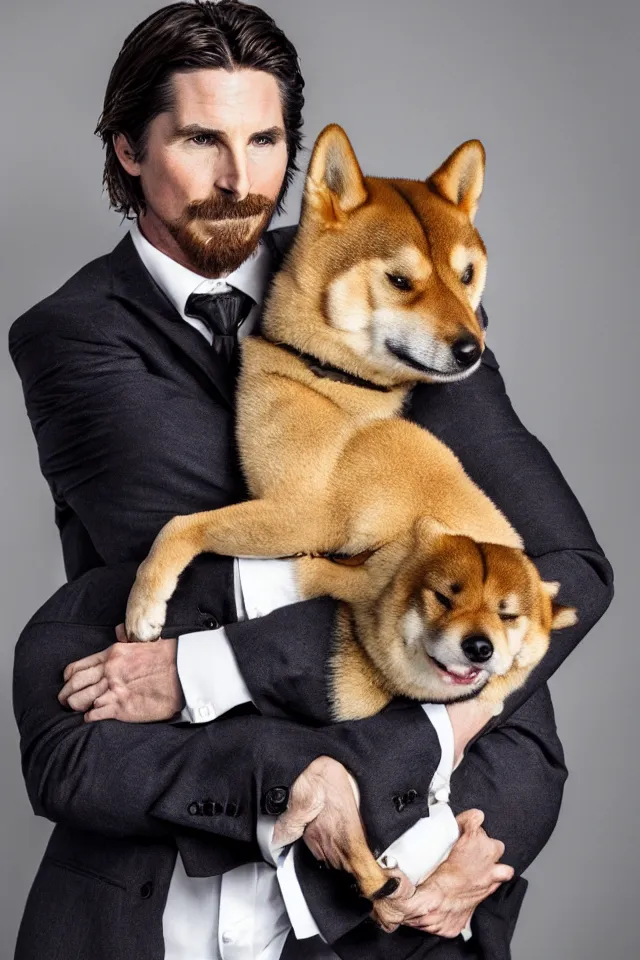 Prompt: a highly detailed portrait of christian bale wearing a suit, holding a shiba inu in his arms, hyperrealistic, highly detailed, 8 k, canon 2 4 mm f / 1. 4 lens,