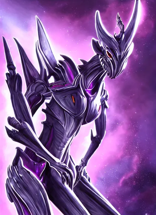 Image similar to cinematic full body, cosmic sized beautiful stunning giant robot mechan hot female dragon goddess, sharp sleek cyborg dragon head, sharp metal ears, smooth purple eyes, smooth fuschia skin, smooth silver armor, nebula, epic proportions, epic scale, macro furry, furry art, dragon art, goddess art, giantess art, warframe, warframe fanart, furaffinity, octane