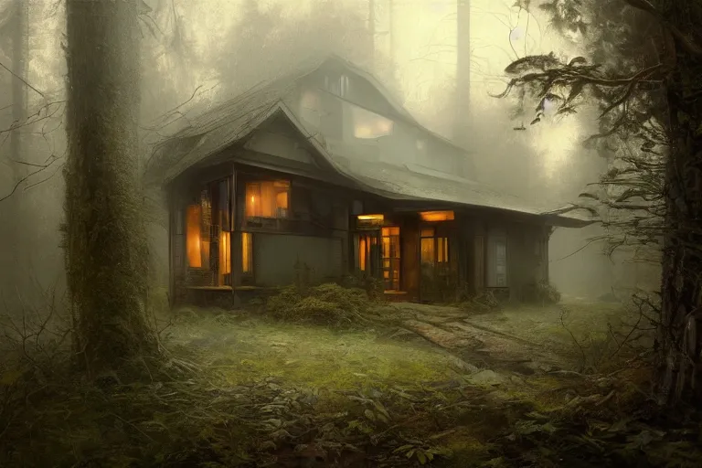 Image similar to a 1 9 5 0 s luminous house in the middle of a dark, gloomy, misty forest enveloped in moss and bark, illustrated by greg rutkowski and gaston bussiere, trending on artstation, intricately defined, complexly detailed, cgsociety contest winner, zbrush, mannerism, 4 k, grim lighting, misty atmosphere