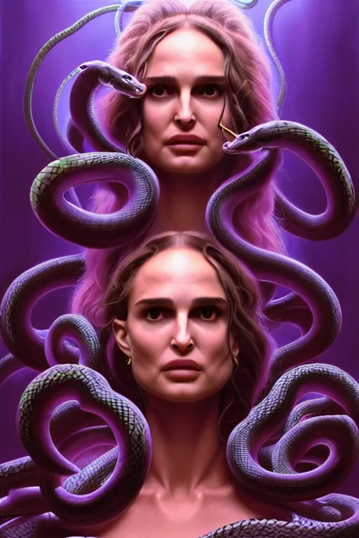 Image similar to Medusa, Natalie Portman, lots of snakes for hair, snakes details, many snakes, background full of snakes, portrait, very detailed, dramatic lighting, electrical details, high details, 4k, 8k, trending on artstation, by Greg Rutkowski, Wayne Barlowe, Hajime Sorayama and Boris Vallejo