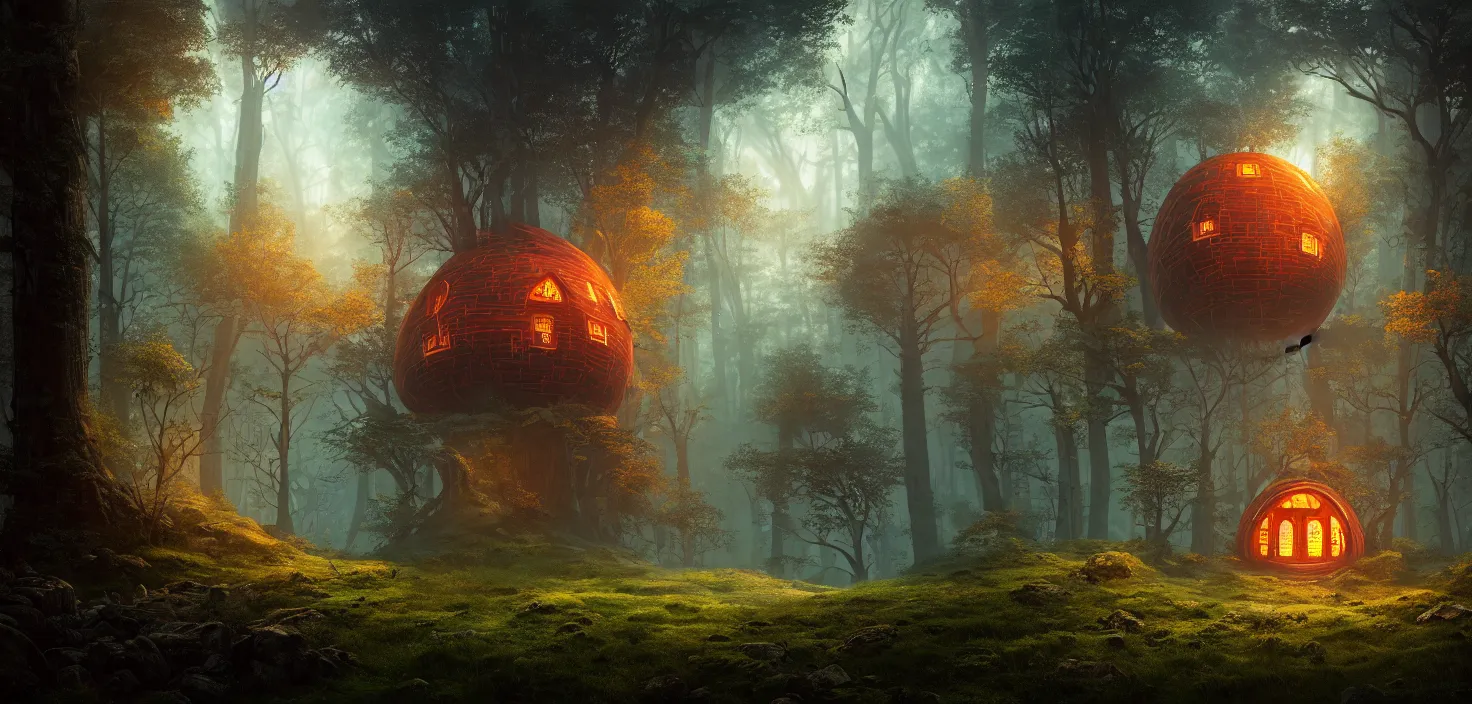 Prompt: random scary forest house landscape, big round glowing multicoloured portal house, central symmetrical composition, incredible, vector art, octane render, fabulous, hyper detailed, random cinematic view, no noise, global illumination, warm lighting, volumetric, godrays, vivid, beautiful, by jordan grimmer