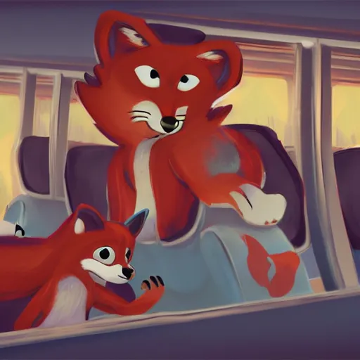 Prompt: foxes riding a schoolbus, furry, cute, disney style, artstation, detailed, award winning, disney style