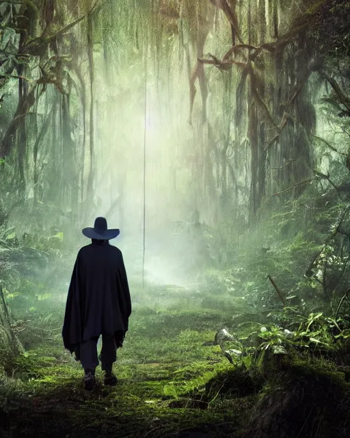 Prompt: a wise wizard walking towards an ominous swamp in a densely overgrown, eerie jungle, fantasy, stopped in time, dreamlike light incidence, ultra realistic