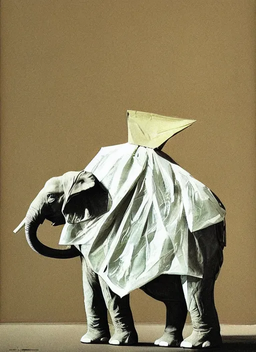 Prompt: elephant in a translucent dress made from plastic bag with paper bags for clothes standing inside paper bags with paper bag over the head at store display Edward Hopper and James Gilleard, Zdzislaw Beksinski, highly detailed