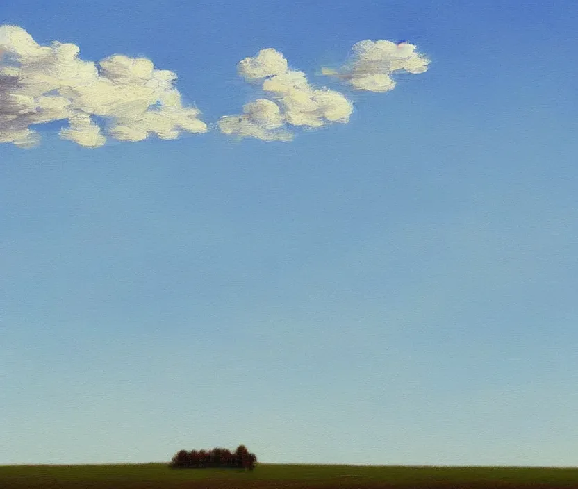 Image similar to a very detailed painting of one billboard on a meadow, billboard has written on it do aliens exist?, baby blue sky with very aesthetic stylized clouds, in the style of edward hopper, very small brushstrokes, 4 k,