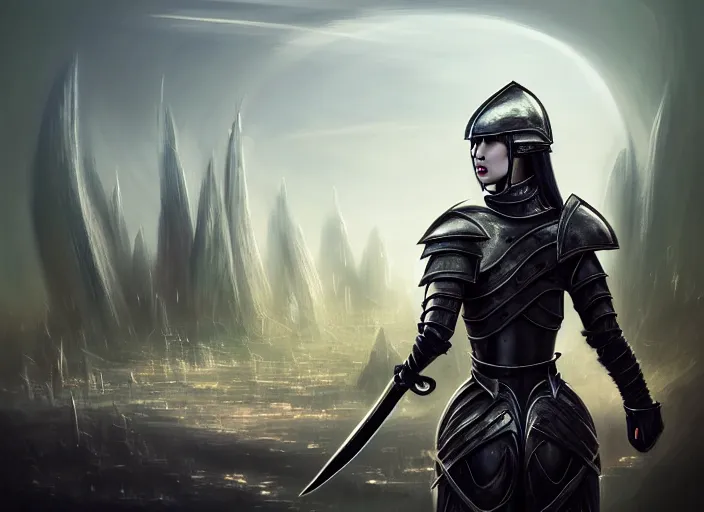 Image similar to landscape of a future city, a young english woman between the ages of 2 0 - 2 5 years, wearing armor and pointing a dagger, wearing a face full of anger. cinematic capture, dramatic condition, fine art, modern realism, sharp focus, good lighting, trending on artstation, trending on tiktok, smooth drawing, elegant, authoritative, without anomalies.