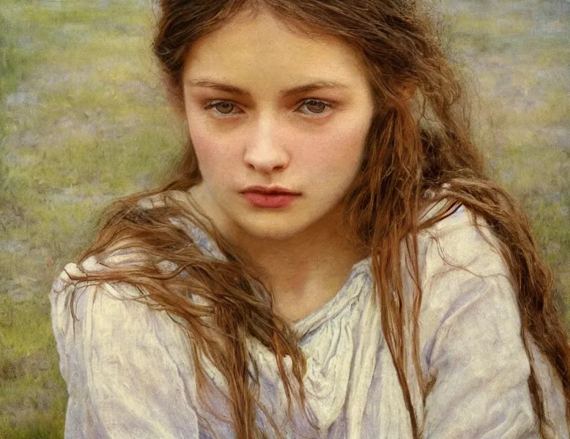 Image similar to peasant girl with long hair yarn knitting, cottage core, cinematic focus, polaroid photo bleached vintage pastel colors high - key lighting, soft lights, foggy, by steve hanks, by lisa yuskavage, by serov valentin, by tarkovsky, 8 k render, detailed, oil on canvas