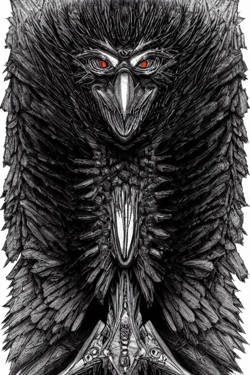 Image similar to raven monster, symmetrical, highly detailed, digital art, sharp focus, trending on art station, kentaro miura manga art style