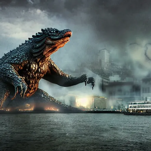 Image similar to kaiju attack in budapest photography realistic, detailed, cinematic