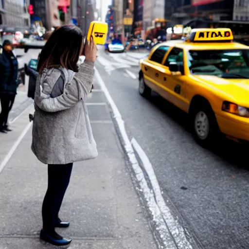 Prompt: female robot hailing a cab in new york