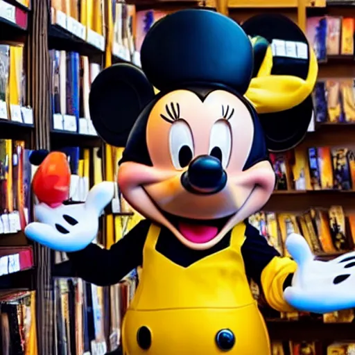 Prompt: mickey mouse with yellow hair holding hot wings in a bookstore, go pro footage, highly detailed