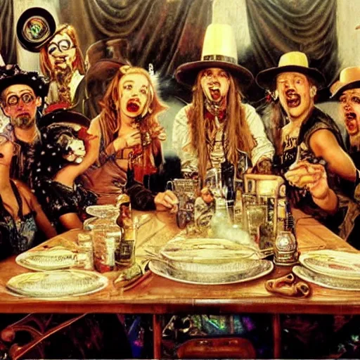 Image similar to steampunk kid rock at thanksgiving dinner with a group of juggalos, in the style of norman rockwell,