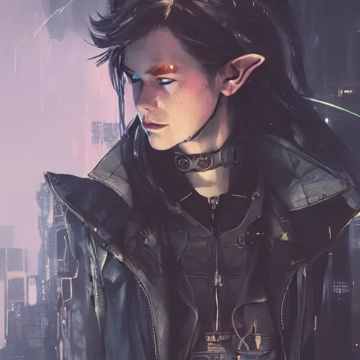 Image similar to full body portrait of an elf woman with elf ears wearing a leather jacket, cyberpunk digital art, dramatic lighting, illustration by Greg rutkowski, yoji shinkawa, 4k, digital art, concept art, trending on artstation