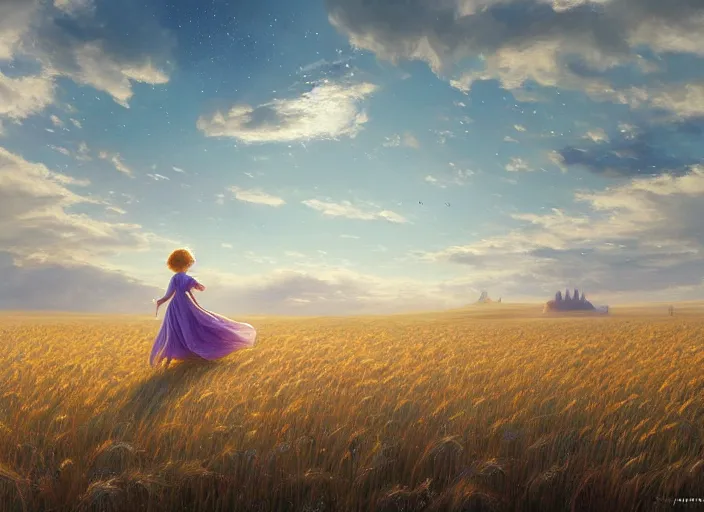 Prompt: a lone princess walks through a vast wheat field in the cosmic sky by vladimir volegov and alexander averin and peder mørk mønsted and ross tran and raphael lacoste