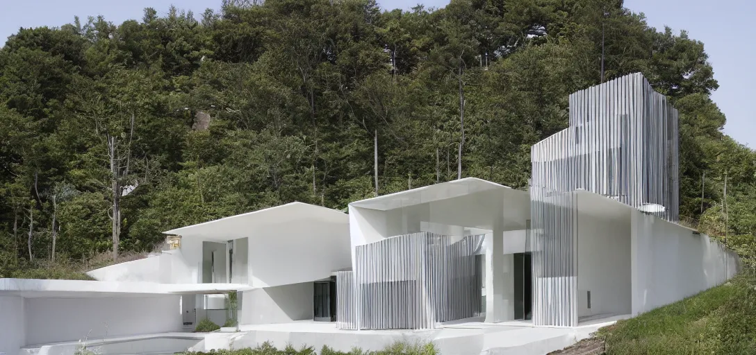 Image similar to single - family house designed by renzo piano. landscape design by kongjian yu.