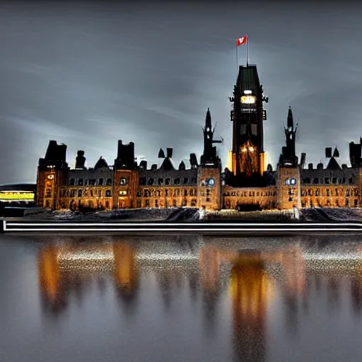 Image similar to Canadian Parliament building in Ottawa if it was cyberpunk, photorealistic