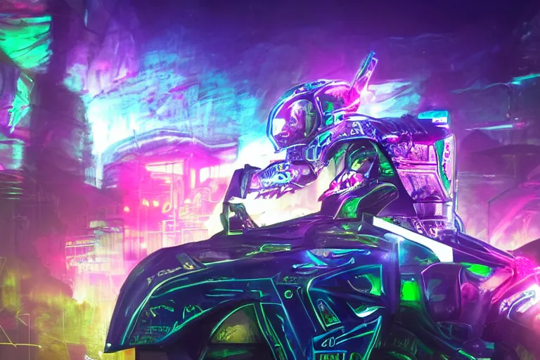 Image similar to knights of Cydonia in futuristic armor ride in neon light, medieval city on the background. graffiti. digital art. trending on artstation, winning-award. 8k. high stylized.