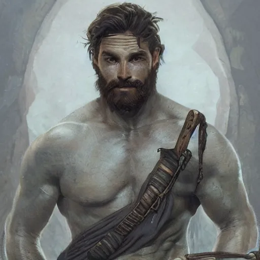 Image similar to portrait of a young rugged ranger, muscular, upper body, hairy torso, D&D, fantasy, intricate, cinematic lighting, highly detailed, digital painting, artstation, concept art, smooth, sharp focus, illustration, art by Artgerm and Greg Rutkowski and Alphonse Mucha