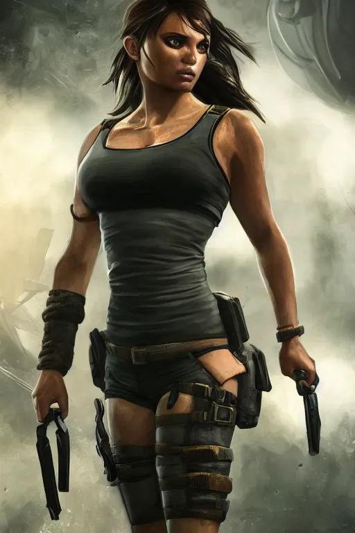 Image similar to lara croft wearing body tight attire that shows off her figure, bulging chest, subway train interior backround, highly detailed, wide shot, intricate, fearful, mystical, sharp focus, Trending on Artstation HQ, deviantart, unreal engine 5, 4K UHD image