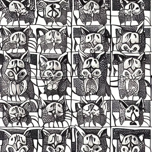 Image similar to an intricate tiled pattern of cats and dogs by mc escher, black and white painting