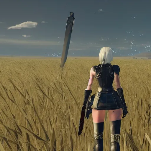 Prompt: a high resolution very detailed image of a 2 with a sword in russian tank boss fight from nier : automata in yellow rye field under pure blue skies