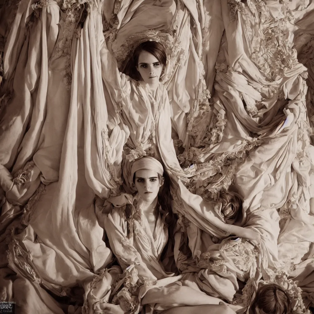 Prompt: closeup!!! centre frame Emma Watson long hair flowing robes baroque room cinematic lighting stanley kubrick barry lyndon Cecil Beaton, Lee Miller, Irving Penn, David Bailey, Corinne Day, Patrick Demarchelier 4k canon 5d mk4
