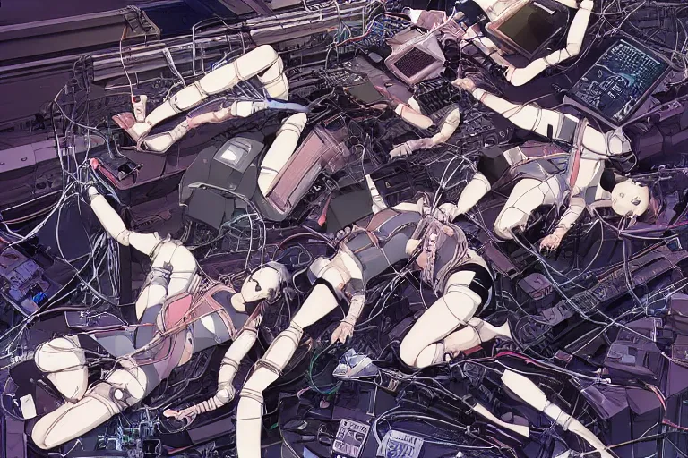 Prompt: a cyberpunk illustration of a group of coherent female androids in style of masamune shirow, lying on an empty, white floor with their bodies broken scattered rotated in different poses and cables and wires coming out, by yukito kishiro and katsuhiro otomo, hyper-detailed, intricate, colorful, view from above