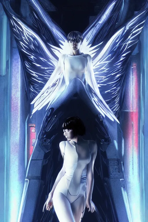 Image similar to white arc-angel with mystic robotic wings, blade runner, akira, ghost in the shell, 2077, ultra detailed, digital art, 8k ,character ,realistic, portrait, hyperrealistic